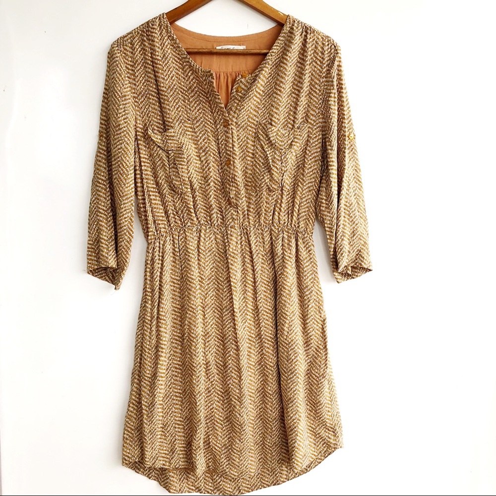 Anthropologie Tan Chevron Print Long Sleeve Dress